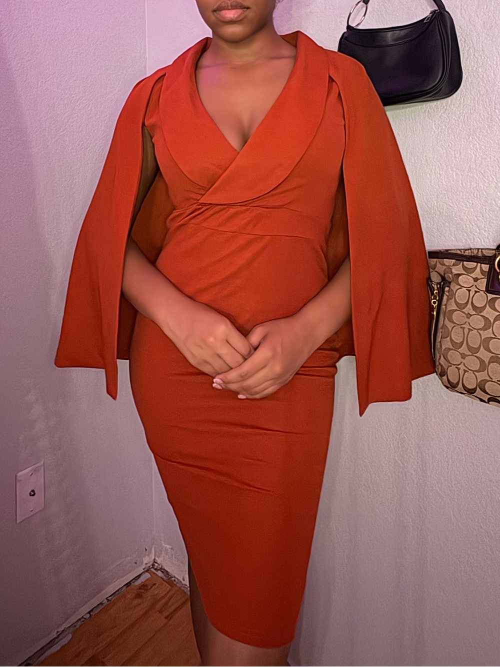 CBR Rust-Red Midi Dress with Cape Sleeves